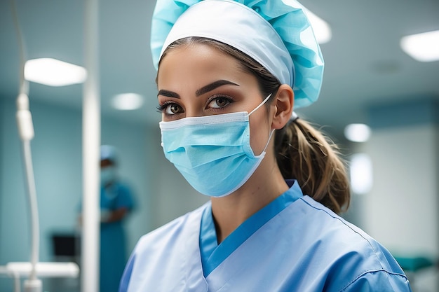 Portrait d'une jeune infirmière portant un masque et des gants alors qu'elle travaille dans un hôpital