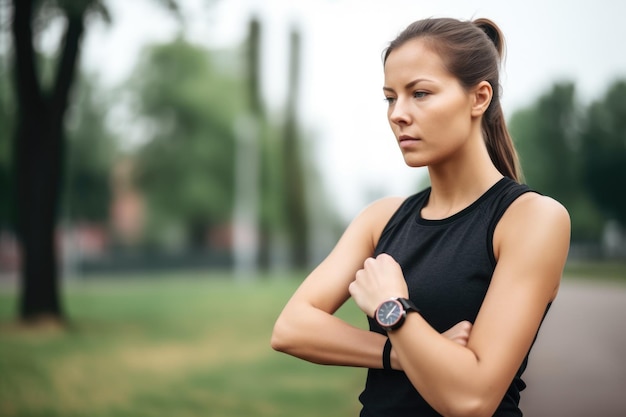 Portrait d'une jeune joggeuse vérifiant sa montre avant de courir créée avec une IA générative