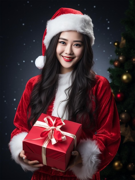 portrait jeune jolie femme asiatique en costume de père noël rouge sourire et tenant une boîte-cadeau dans