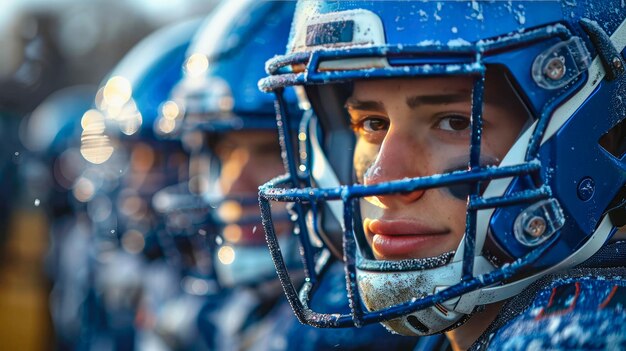 Portrait d'un jeune joueur de football américain en casque Profondeur de champ peu profonde