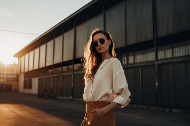 Portrait d'un jeune mannequin élégant en plein air en milieu urbain avec IA générative au coucher du soleil