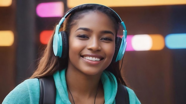 Portrait d'une jeune mannequin portant des écouteurs écoutant de la musique en souriant et en riant debout