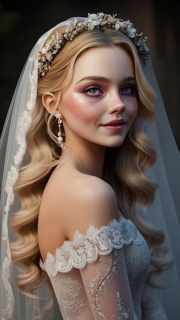 Portrait d'une jeune mariée tendre maquillage et coiffure pour mariage cheveux longs blonds