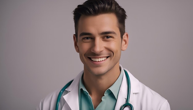 Portrait d'un jeune médecin heureux avec un stéthoscope sur fond gris