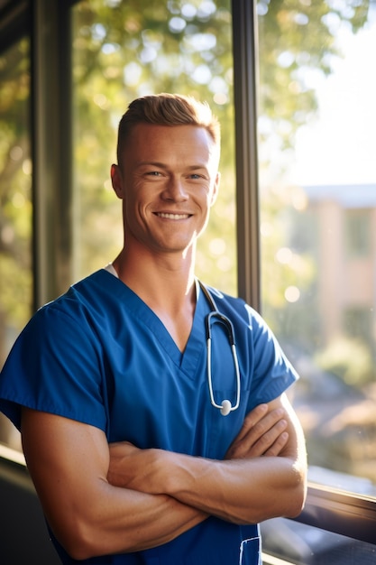 Portrait d'un jeune médecin souriant en peignoir bleu