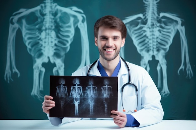 Portrait d'un jeune médecin tenant une radiographie et souriant à la caméra créée avec une IA générative