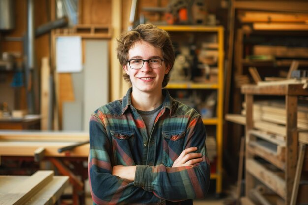 portrait d'un jeune menuisier souriant debout dans un atelier