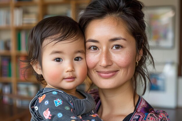 Photo portrait d'une jeune mère asiatique souriante tenant un adorable tout-petit avec une étagère à l'arrière-plan chaud