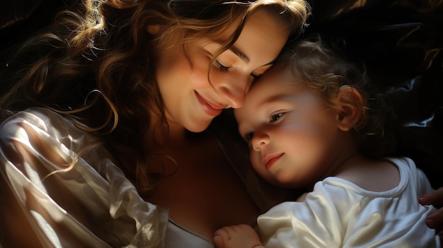 Un portrait d'une jeune mère avec une petite fille dans la nature d'automne au coucher du soleil