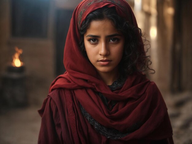 Portrait d'une jeune musulmane portant un hijab rouge avec un regard sérieux sur son visage feu en arrière-plan