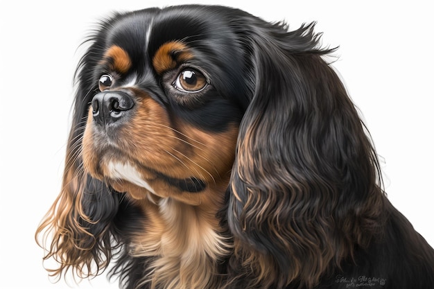 Portrait d'un jeune noir et feu Cavalier King Charles Spaniel sur un fond blanc.