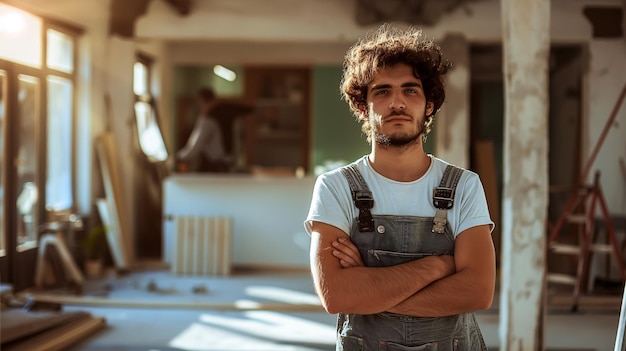 Portrait d'un jeune ouvrier de la construction debout sur le fond d'une vieille maison en cours de reconstruction