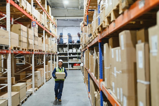 portrait d'un jeune ouvrier d'entrepôt souriant travaillant dans un magasin de gros