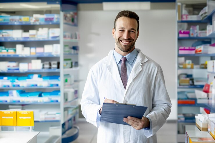 Photo portrait d'un jeune pharmacien caucasien en veste médicale blanche tenant un bloc-notes avec