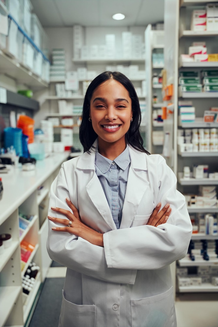 Photo portrait d'une jeune pharmacienne afro-américaine souriante portant un manteau de laboratoire debout dans la pharmacie