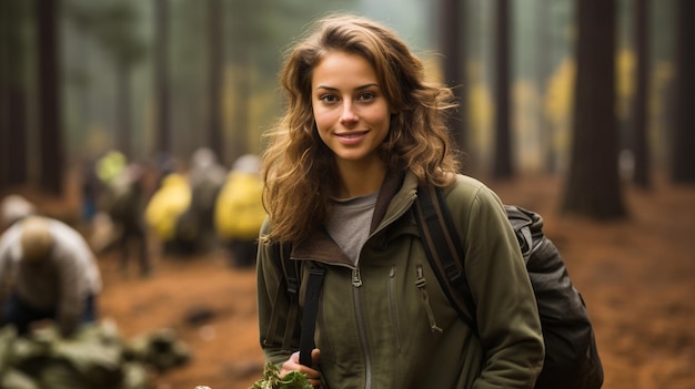 portrait d'une jeune randonneuse avec un sac à dos faisant de la randonnée dans la nature à l'automne