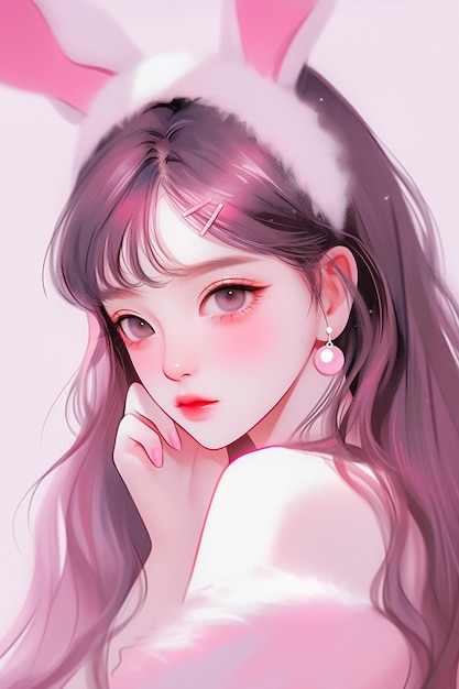 Portrait jeune et réaliste d'une fille aux cheveux roses et aux oreilles de lapin généré par Ai