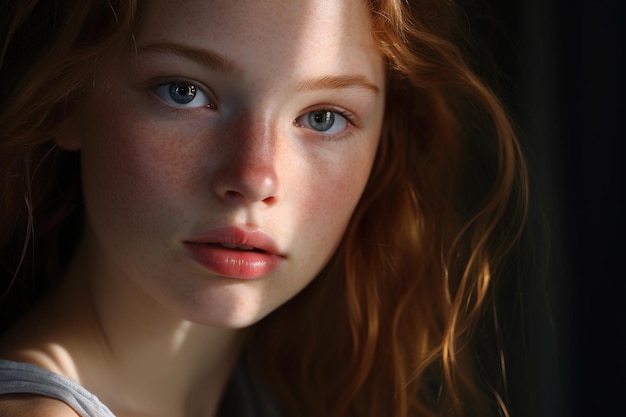 Portrait d'une jeune rousse avec des taches de rousseur