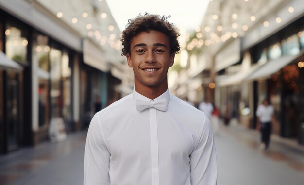 Portrait d'un jeune serveur afro-américain souriant avec un tissu blanc au fond du quartier commerçant de Plaza