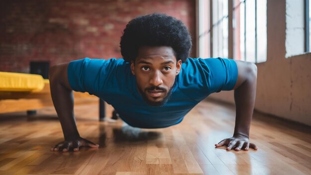 Photo portrait d'un jeune sportif afro-américain faisant des pompes