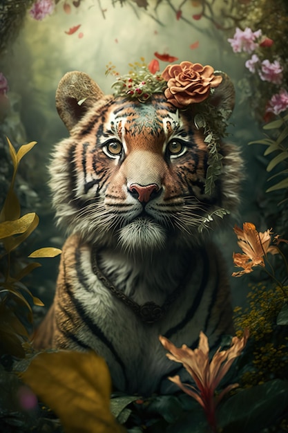 Portrait d'un jeune tigre mignon avec des fleurs sur la tête assis au milieu de la jungle ai générative