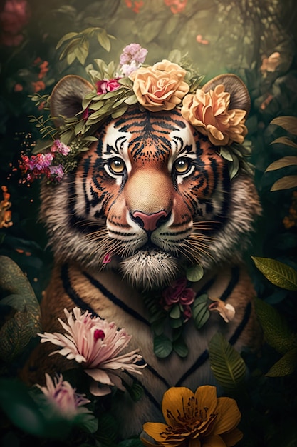 Portrait d'un jeune tigre mignon avec des fleurs sur la tête assis au milieu de la jungle ai générative