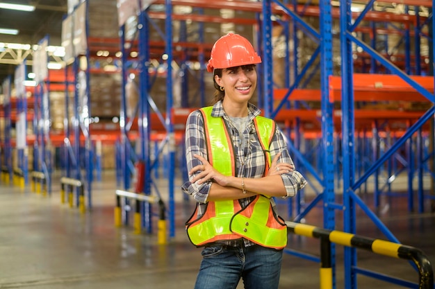 Portrait d'une jeune travailleuse métisse portant un casque dans un entrepôt moderne d'un magasin de détail