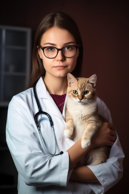 Portrait d'un jeune vétérinaire tenant un adorable chaton au travail créé avec l'IA générative