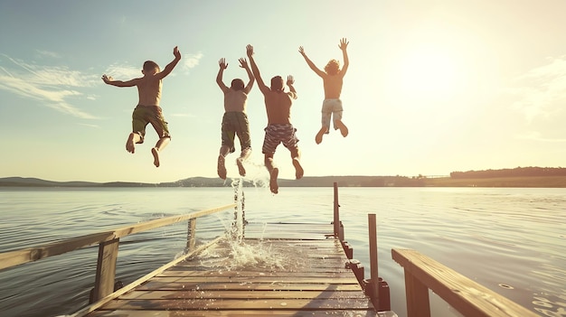 Photo portrait de jeunes amis sautant dans l'eau d'une jetée jeunes gens ayant fu ia générative