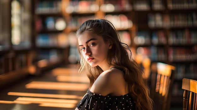 Portrait d'une jolie adolescente dans la bibliothèque Generative AI