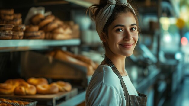 Portrait d'une jolie boulanger dans une boulangerie