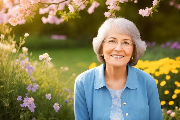 Portrait d'une jolie femme âgée élégante se relaxant dans un jardin fleuri