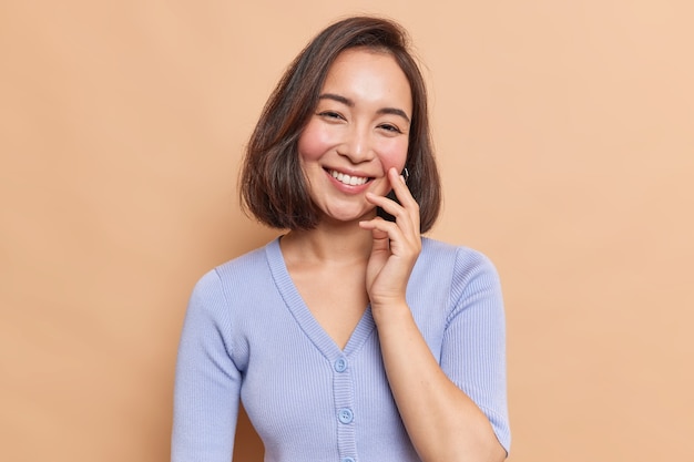 Portrait d'une jolie femme asiatique avec un sourire doux a une expression satisfaite vêtue d'un pull bleu décontracté touche le visage doucement profite d'une bonne journée se sent heureuse après un entretien d'embauche réussi isolé