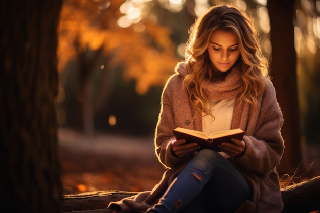 Portrait d'une jolie femme lisant un livre en automne