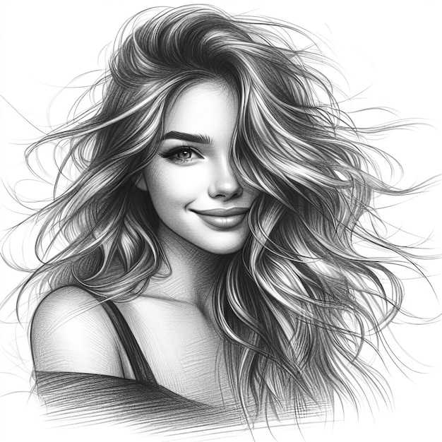 Portrait d'une jolie femme souriante aux cheveux flottants Dessin au crayon