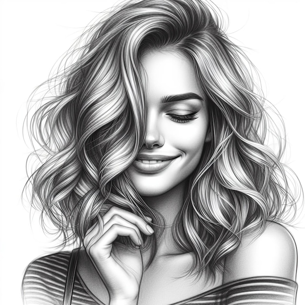 Portrait d'une jolie femme souriante aux cheveux flottants Dessin au crayon