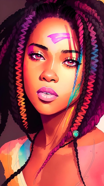 Portrait d'une jolie fille afro-américaine fort tresses cheveux colorés dans un style de peinture numérique