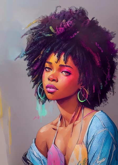 Portrait d'une jolie fille afro-américaine fort tresses cheveux colorés dans un style de peinture numérique