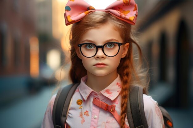 Portrait d'une jolie fille aux cheveux roux en lunettes avec un sac à dos