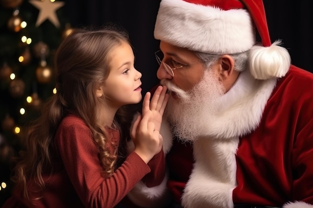Portrait d'une jolie fille chuchotant des secrets au Père Noël la veille de Noël