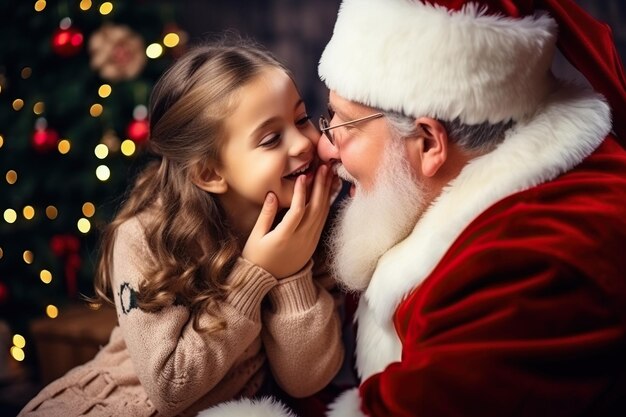 Portrait d'une jolie fille chuchotant des secrets au Père Noël la veille de Noël