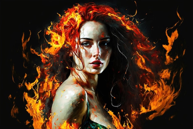 Portrait d'une jolie fille dans le feu Fille brûlante dans la flamme Peinture d'illustration de style d'art numérique d'une femme dans le feu