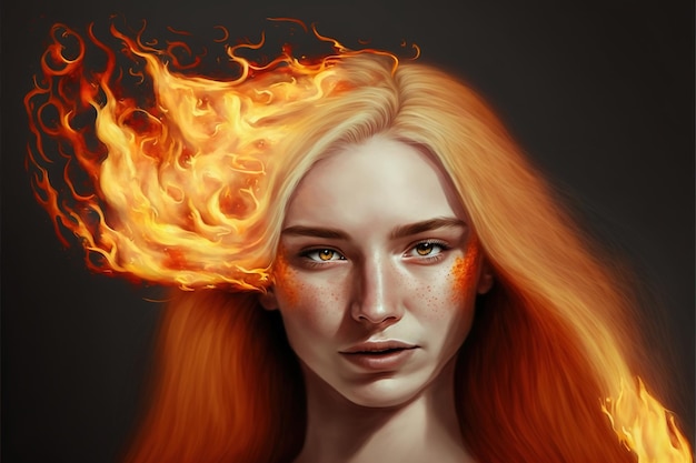 Portrait d'une jolie fille dans le feu Fille brûlante dans la flamme Peinture d'illustration de style d'art numérique d'une femme dans le feu