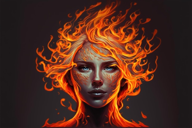 Portrait d'une jolie fille dans le feu Fille brûlante dans la flamme Peinture d'illustration de style d'art numérique d'une femme dans le feu