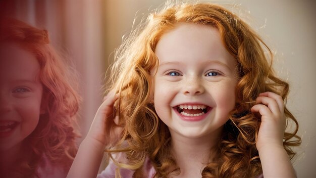 Portrait d'une jolie fille heureuse souriante touchant ses cheveux roux bouclés