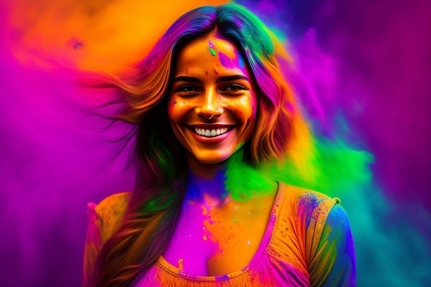 Portrait d'une jolie fille peinte aux couleurs du festival de Holi