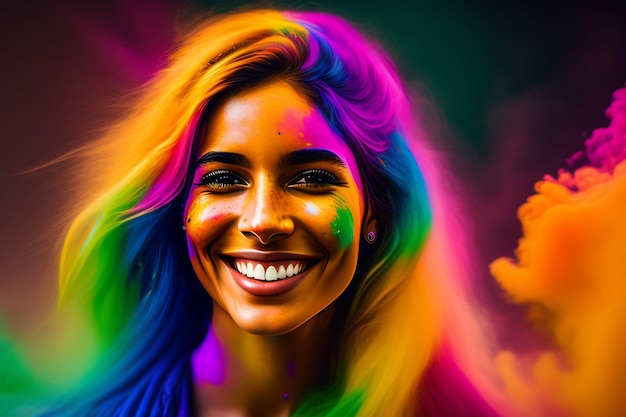 Portrait d'une jolie fille peinte aux couleurs du festival de Holi