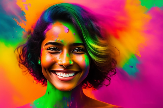 Portrait d'une jolie fille peinte aux couleurs du festival de Holi