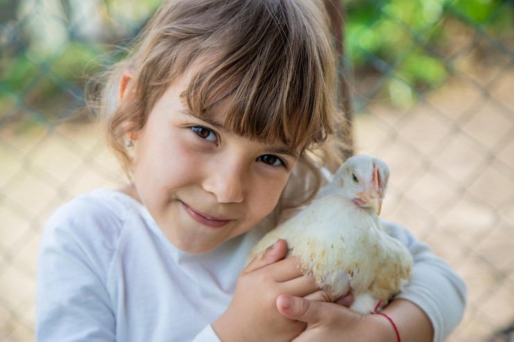 Photo portrait d'une jolie fille avec une poule