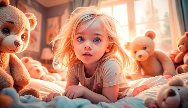 Portrait d'une jolie fille touchante sur le lit dans la chambre des enfants